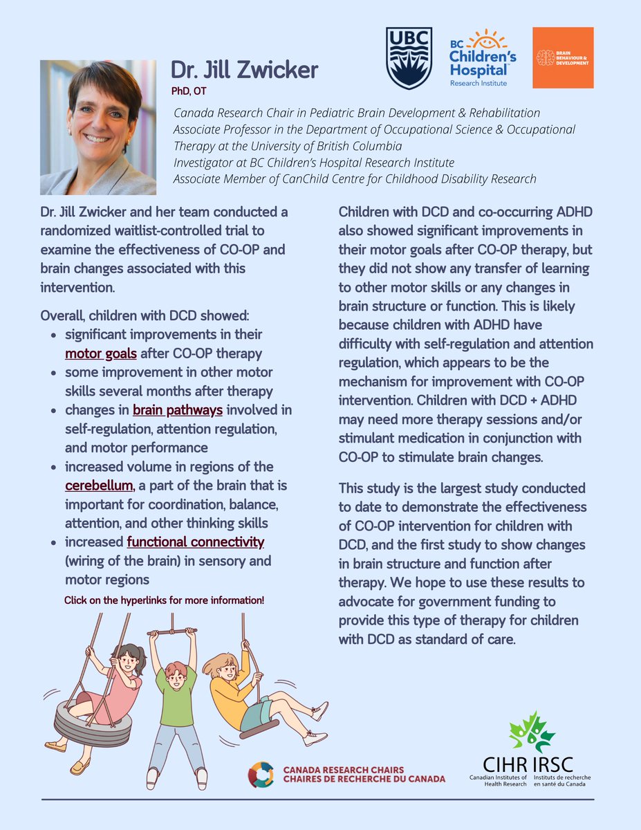 BBDtheme's tweet image. Get to know BB&amp;amp;D! Dr. @jillzwicker and her team conducted a randomized waitlist-controlled trial to examine the effectiveness of Cognitive Orientation to Occupational Performance (CO-OP) and brain changes associated with this intervention. 
Read more here: bcchr.info/3Pm8Aqk