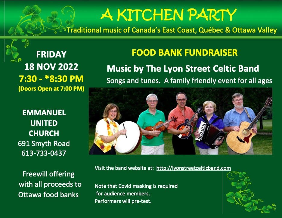 Kitchen party to support HEFC and other local food banks @OttawaFoodBank on Nov 18 at Emmanuel United Church! Music and a good cause! 🎶👏