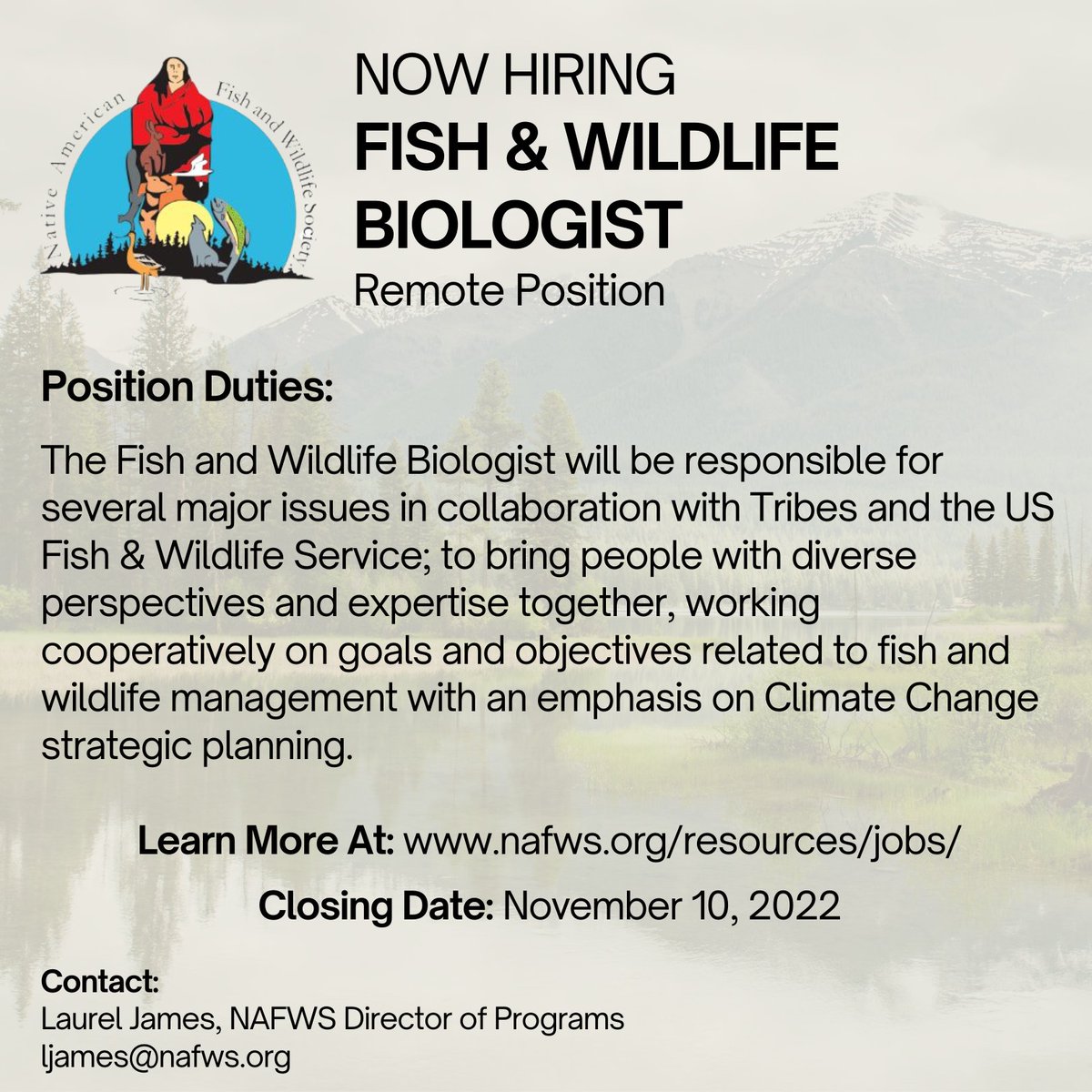 NAFWS is now accepting applications for a Fish and Wildlife Biologist. Applications are due November 10, 2022. Read the announcement and position description at: nafws.org/resources/jobs/