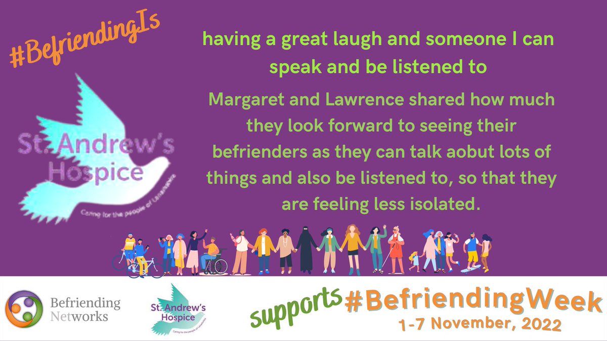 Let's celebrate #BefriendingWeek 1-7 Nov! Read impactful sharing on what #BefriendingIs from St. Andrew's Hospice Read More: bit.ly/BefriendingWee… @ScotGovFairer @scotgov @VolScotland @lifeatsky @SkyUK @TNLComFundScot @EndLonelinessUK