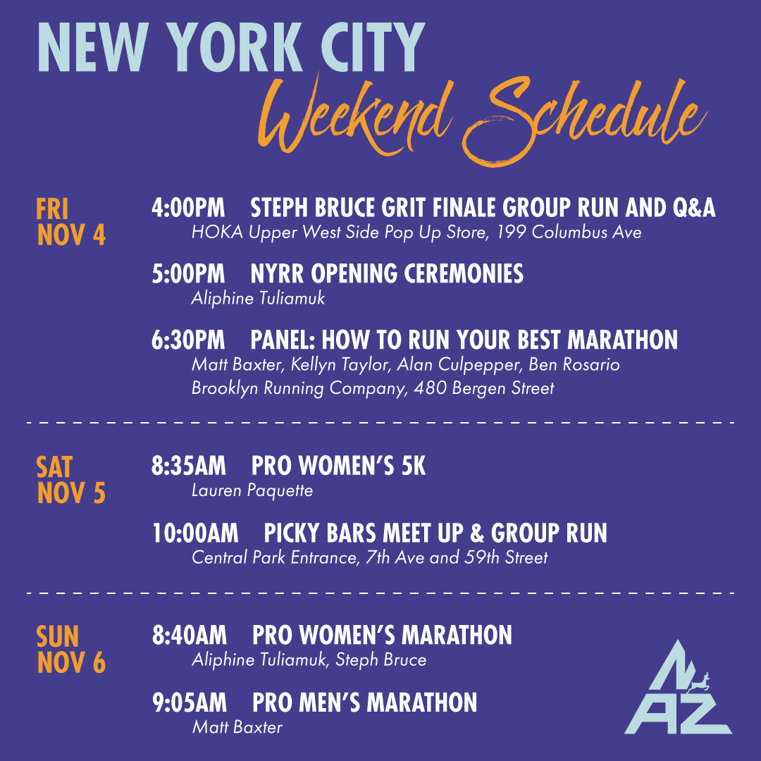 COME HANG OUT WITH US IN NYC!! Check out our comprehensive guide to all the cool stuff we'll be a part of this week in NYC as well as all of the <a href="/hoka/">HOKA</a> events, a <a href="/pickybars/">Picky Bars</a> group run on Saturday, how to watch the 5k and the marathon, and more!!

bit.ly/NAZELITEinNYC