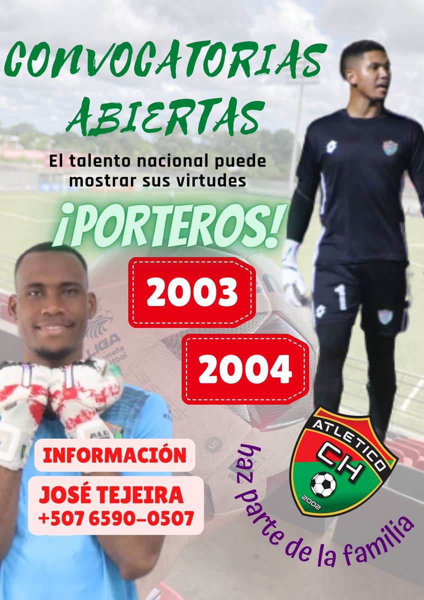 🔥BUSCAMOS TALENTO NACIONAL🔥
¿Eres lo que buscamos?
CONVOCATORIAS ABIERTAS NACIONALES para #PORTEROS nacidos entre el año 2003 y 2004
¡Atrévete y haz parte de la historia!
.
.
.
.
.
.
.
.
#atléticoeschiriquí #nuevochiriqui