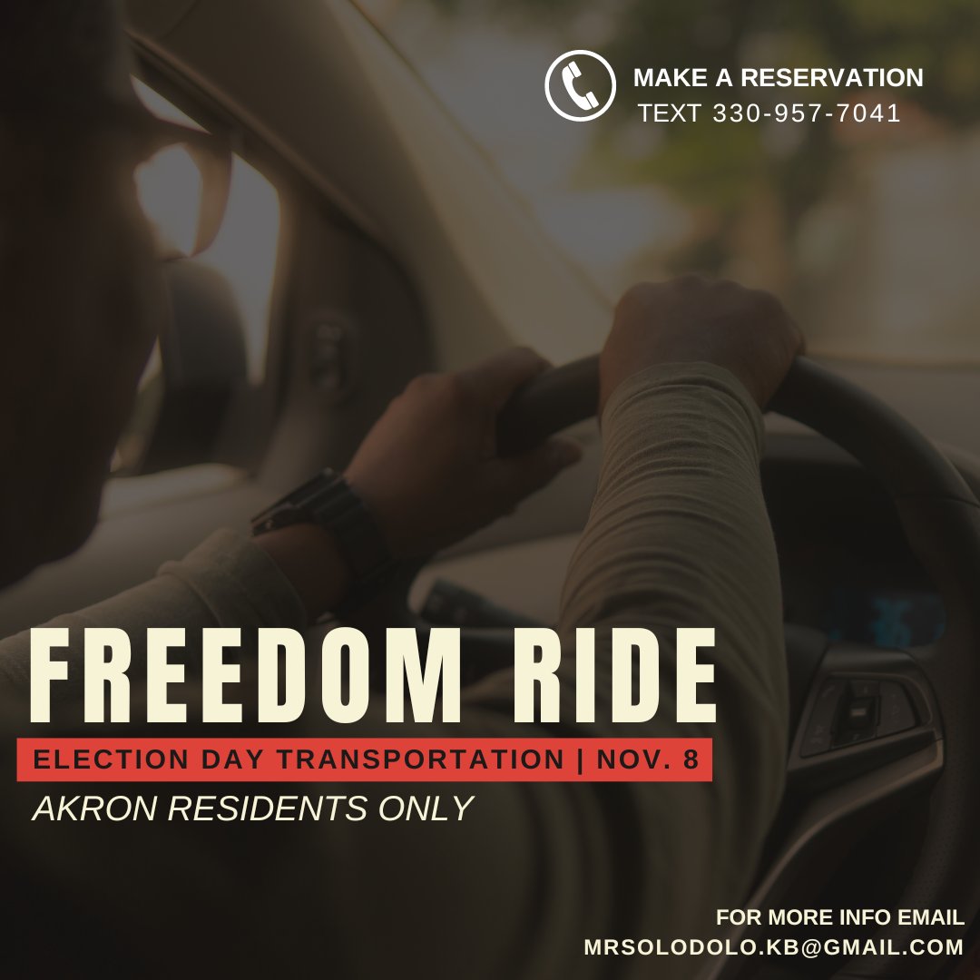 Do you need a ride to the polls on Election Day? We’ve got you covered! On Nov. 8th we will be providing FREE transportation to voters who need a ride to the polls to cast their ballot. NO VOTER LEFT BEHIND!

>>>>Text 330-957-7041 to reserve your seat.