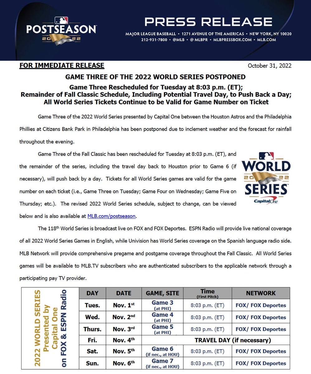 Game Three of the 2022 #WorldSeries presented by Capital One has been postponed and rescheduled for Tuesday at 8:03 p.m. (ET). The remainder of the Fall Classic will push back by a day. Tickets for all games remain valid for the game number on each ticket.
