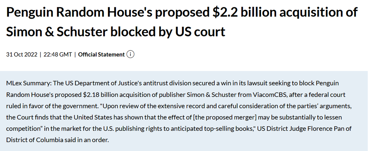 Judge Florence Pan's opinion is currently under seal. I expect this fight isn't over. I wouldn't be surprised to see an appeal by <a href="/penguinrandom/">Penguin Random House 🐧🏠📚</a> <a href="/simonschuster/">Simon & Schuster</a> against <a href="/JusticeATR/">Antitrust Division</a>.