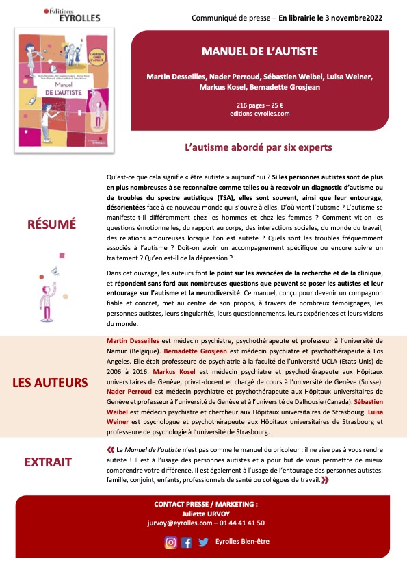 SebastienWeibel's tweet photo. Heureux de vous annoncer la sortie du "Manuel de l'Autiste" (Ed. Eyrolles) co-écrit avec Martin Desseilles,  Bernadette Grosjean, Markus Kosel, Nader Perroud et @weiner_lw  #autisme https://t.co/127aShm3XF