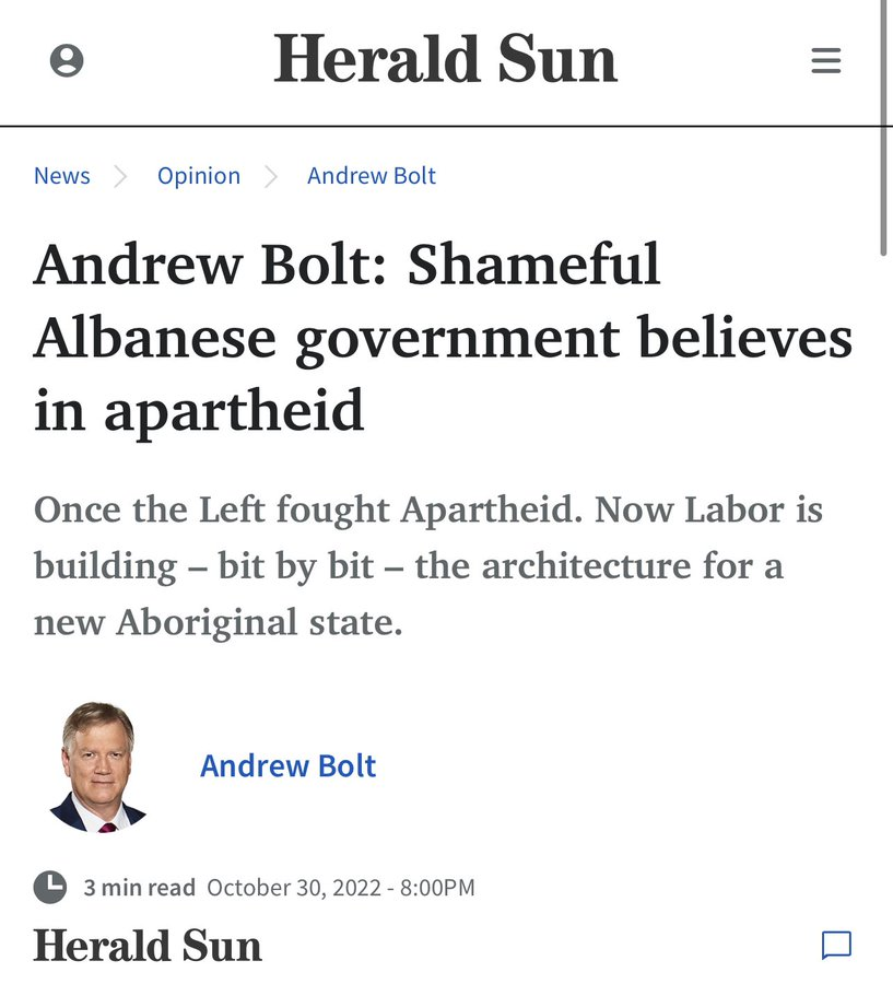 Man found guilty of being a racist and lives on stolen land that was never ceded likes to make shite up and use tactics that would impress even Goebbels. Andrew Bolt's hatred for First Nations is palpable. All the more reason to #VoteYes. #auspol #Voice #Treaty #PayTheRent