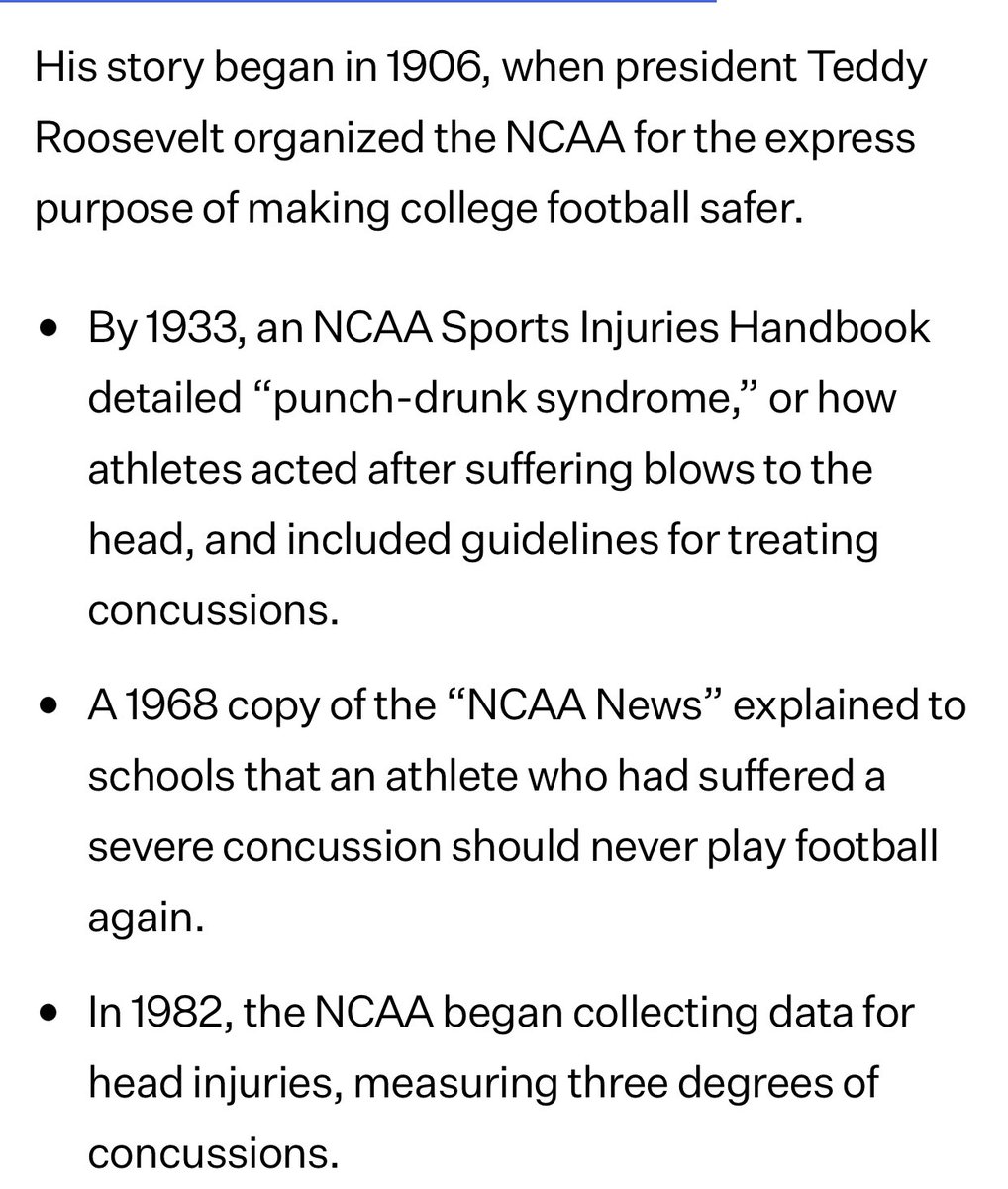 nkalamb's tweet photo. Evidence compiled by @TheNeuroTimes for trial shows that the NCAA has known the dangers of head injury in football since the 1930s, but failed to act until the ‘90s.

They should rightly be liable for an unimaginable amount of harm.

https://t.co/zEj0n5u4o5 https://t.co/tTpKTTP15T