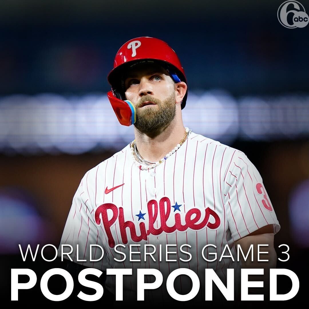 6abc's tweet photo. Major League Baseball officials said Monday night's Game 3 of the World Series will be postponed due to heavy rain in the forecast.
https://t.co/gLBWn2NIP5 https://t.co/nR0Jnb3dvr