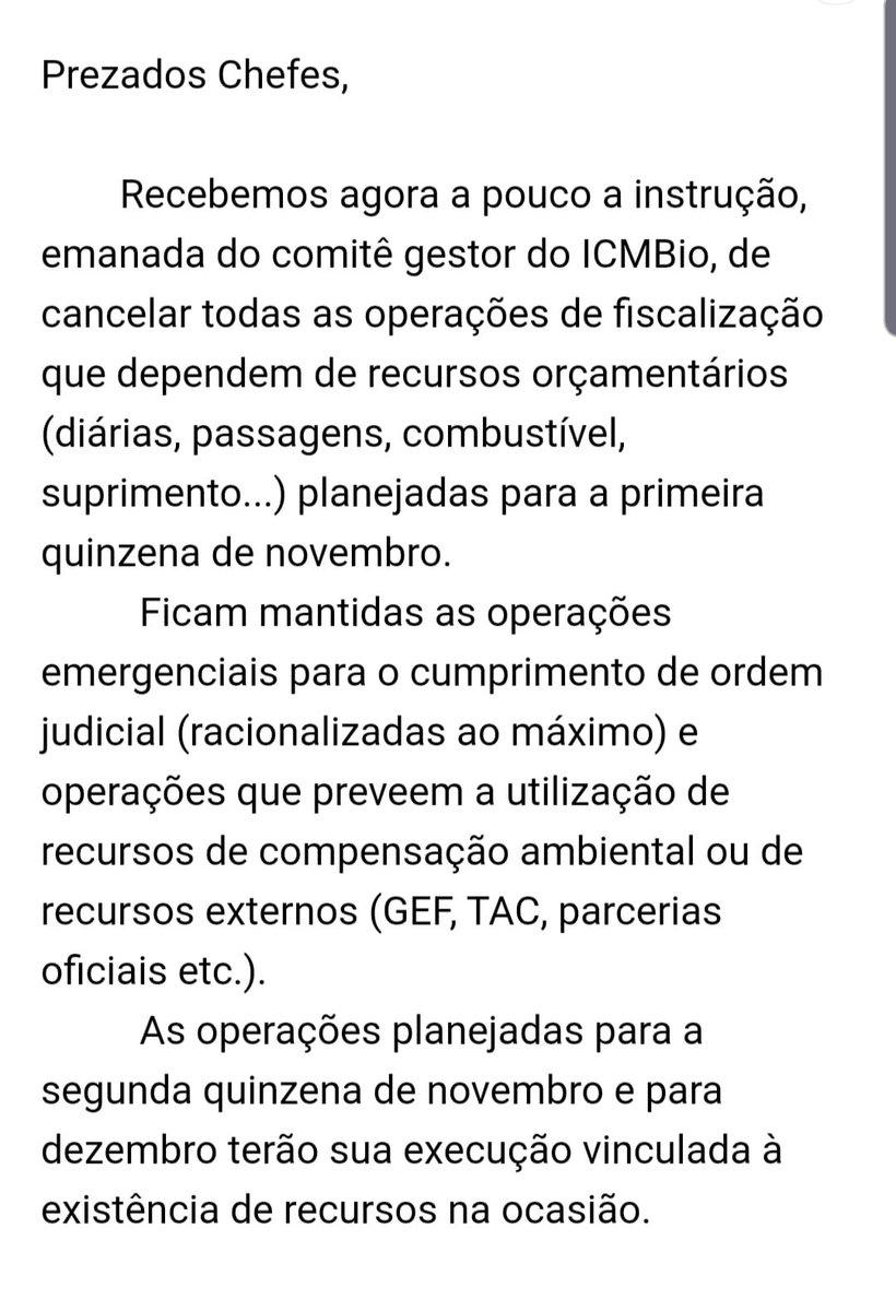 andretrig's tweet photo. As eleições terminaram mas a boiada continua passando. Mensagem da Coordenação Nacional de Fiscalização do ICMBIO cancela todas as operações que dependam de recursos orçamentários nesta 1ª quinzena de novembro. #prioridades https://t.co/i4Hm3EeI6K