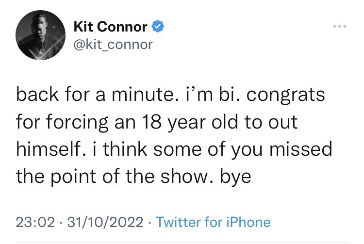 Coming out should be empowering, but instead, unfounded queer-baiting accusations have forced Kit Connor to come out as bi to everyone before he was ready. This is so messed up. I hope he’s ok and I hope the people who harassed him feel bad and actually learn something from this.