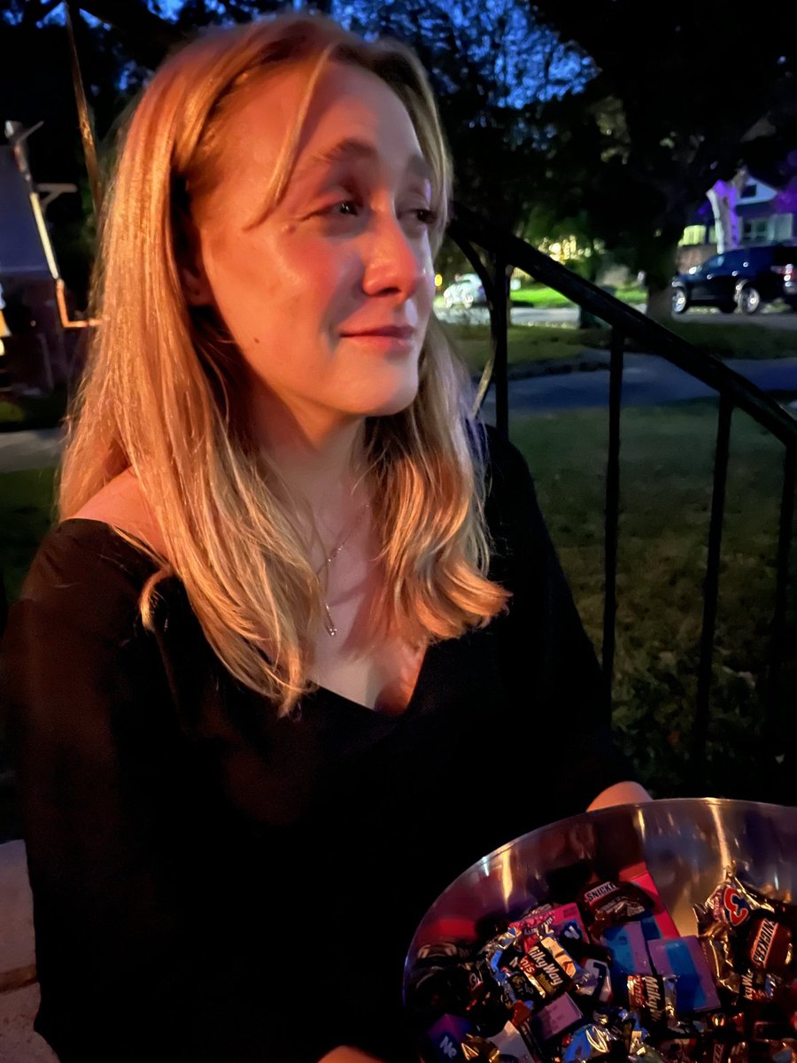 parker before and after she saw the cute kids trick or treating in “their little costumes”