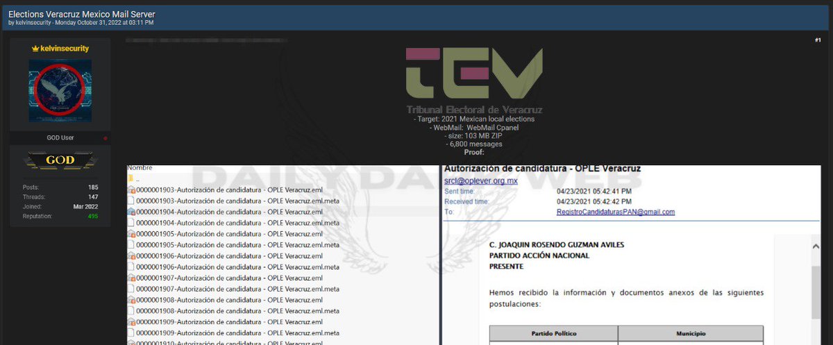 victor_ruiz's tweet photo. ⚠️Alerta: Presunta filtración de información del servidor de correo del Tribunal Electoral de Veracruz. Revisen sus protocolos de seguridad.
Mexico 🇲🇽 - Data of Elections Veracruz Mexico Mail Server are on #Leaked by KelvinSecurity #Databreacher
Dataset include 6,800 messages. https://t.co/T2kF9ZPaO6