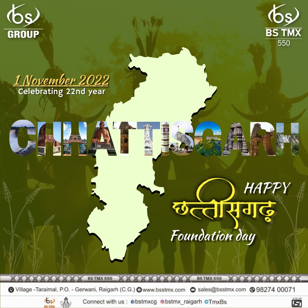 TmxBs's tweet photo. Let’s cherish the culture, tradition, art and celebrate the glory of Chhattisgarh on its 22nd Foundation day. Happy Chhattisgarh Foundation Day to all.

#ChhattisgarhDay #ChhattisgarhFoundationDay #Chhattisgarh #CGday #jaijohar #hamarchhattisgarh #bstmx #tmt #tmtbars  #bsgroup https://t.co/05Mn0SmByf