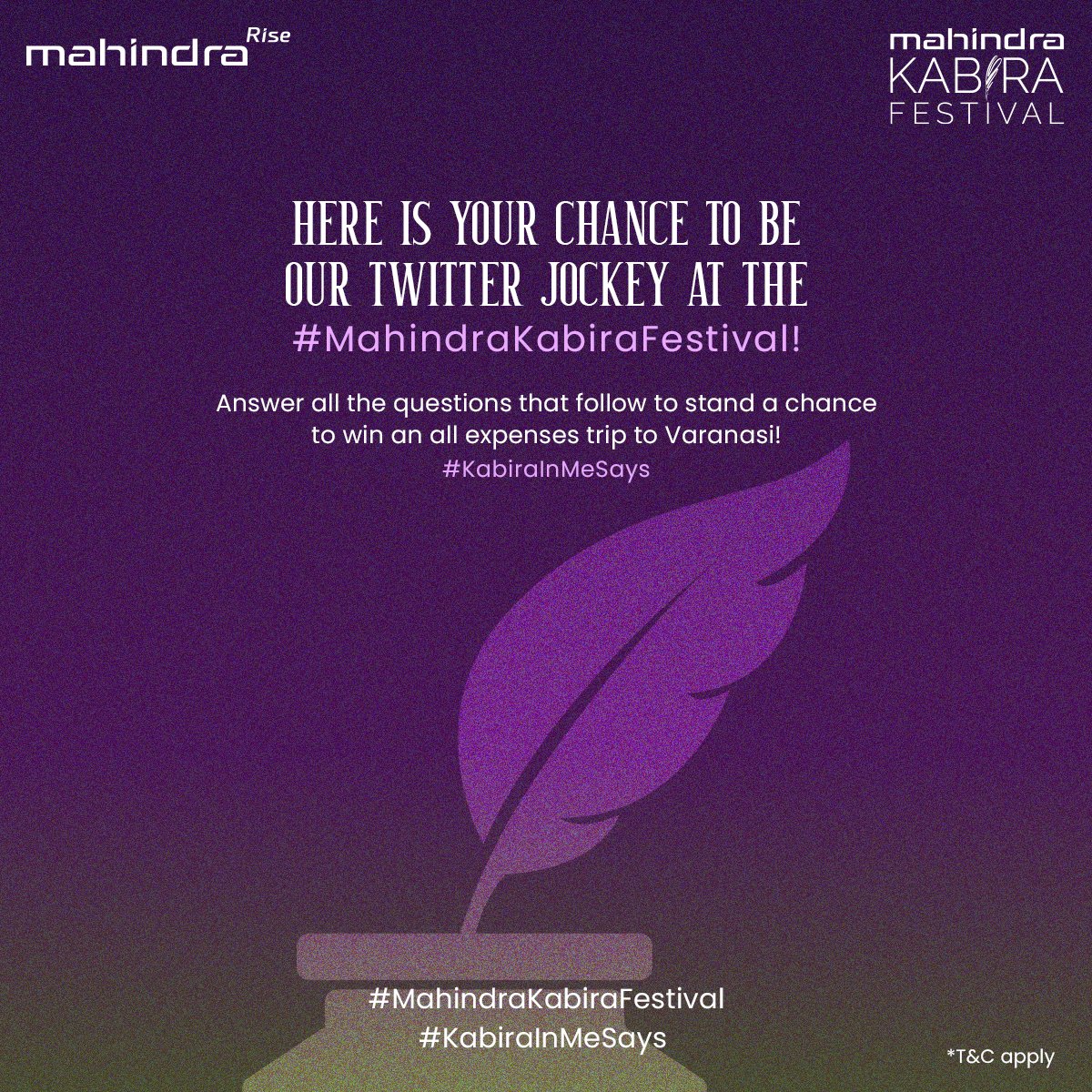 Awaken the Kabira in you! You could be our ambassador at #MahindraKabiraFestival! Answer the questions & stand a chance to win an all-paid trip to Varanasi! To participate, follow @MahindraKabira & @MahindraRise. 1st quest coming soon! T&C: bit.ly/3gYOjuJ #KabiraInMeSays