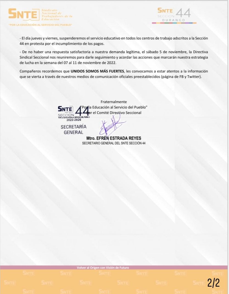 Seccion44SNTE's tweet photo. #SNTESección44 🟠
#PagoDePrestaciones 

En reunión de Directiva Seccional y en virtud de que la propuesta que realiza el @gobdgo no satisface las exigencias expuestas, se determina implementar una estrategia de lucha que garantice el pago de la RZ y el Incremento Ponderado (1/2) https://t.co/7xjjsmYfIq