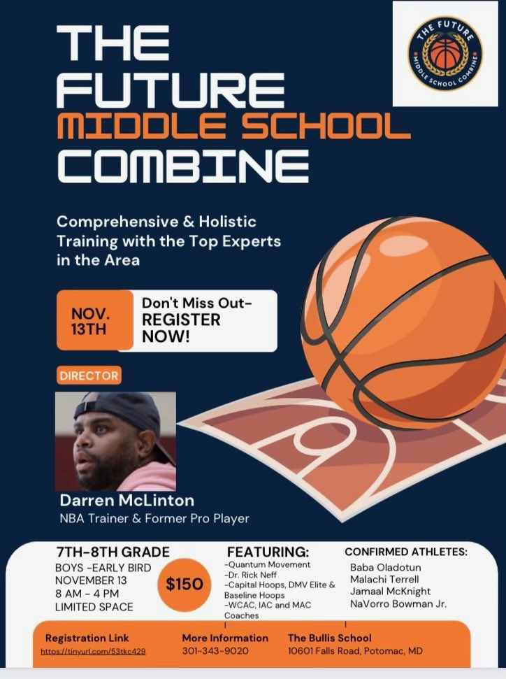 Big time middle school combine coming to the DMV on November 13th. 
Limited spots still available. 

Link to register 
⬇️⬇️⬇️⬇️
tinyurl.com/53tkc429