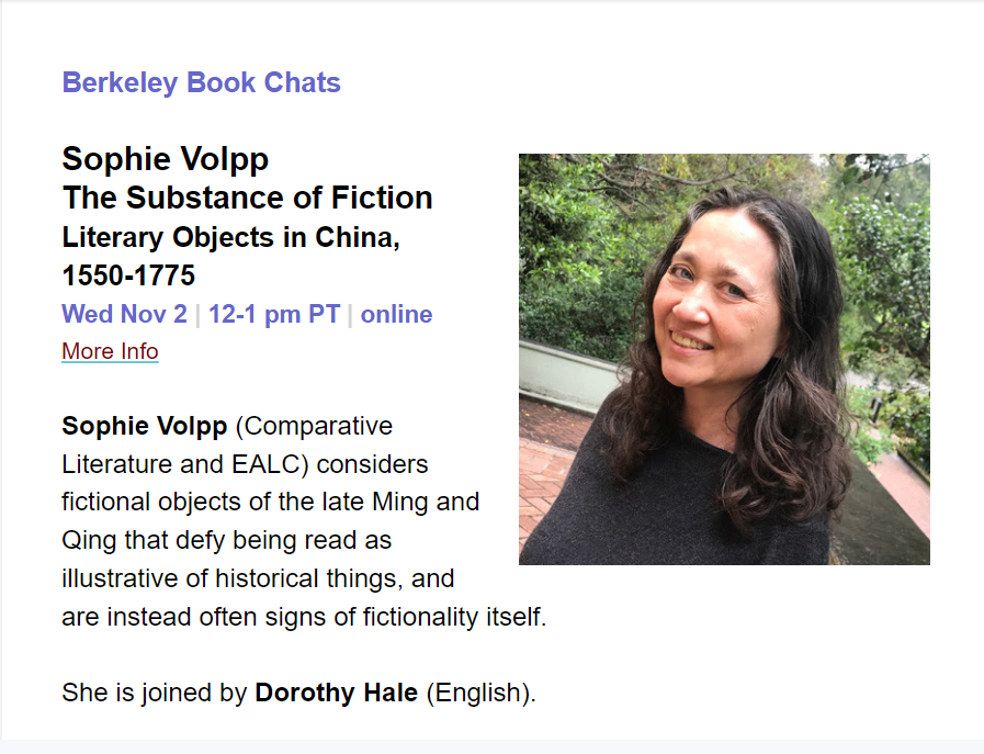 townsend_center's tweet photo. Our next book chat is coming up on Wed, Nov 2, 12-1 pm! Join us for a conversation with Sophie Volpp (@UCBerkeleyEALC) about her new book The Substance of Fiction (@ColumbiaUP). She'll be joined by Dorothy Hale (@UCBEnglish). #BerkeleyBookChats
More info: https://t.co/1O441Wq8Uo https://t.co/Vh2RRex0so