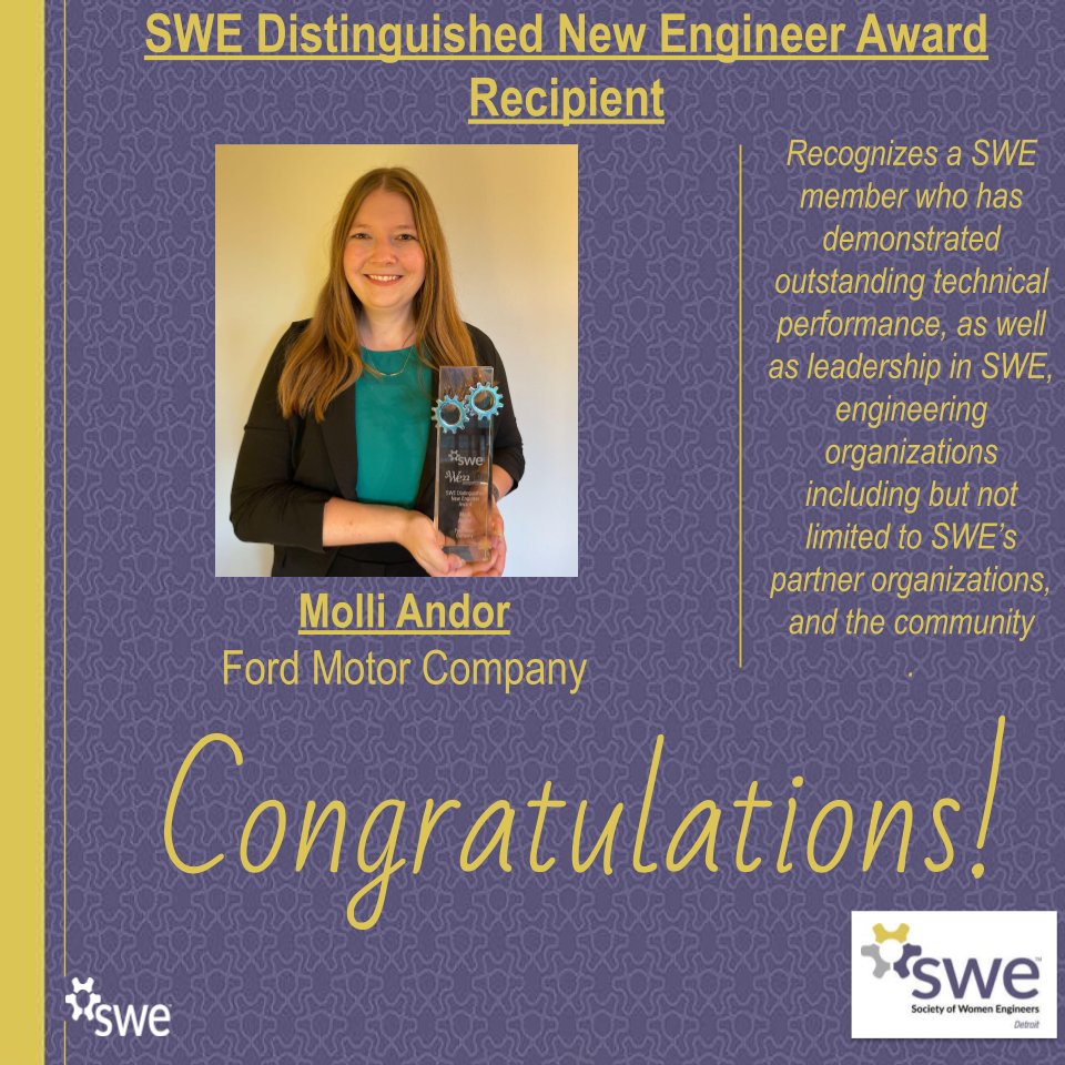 SWE Detroit wishes Congratulations to WE22 SWE Distinguished New Engineer Award Recipient Molli Andor!

#we22 #awardrecipient #distinguishednewengineer