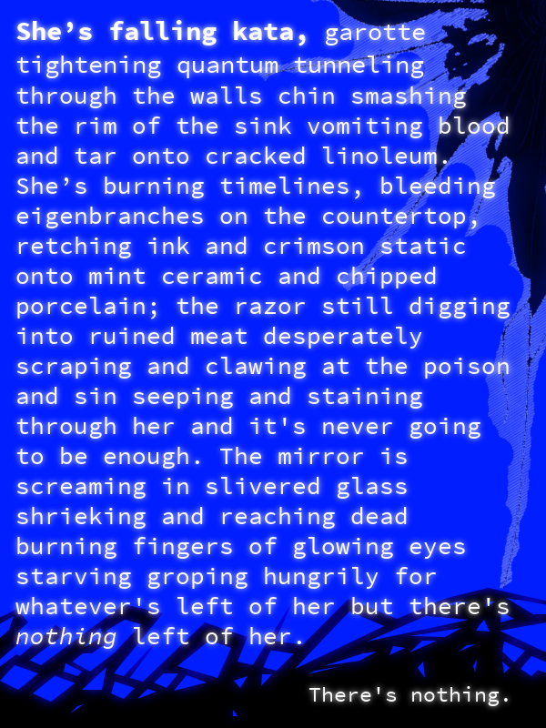 slimepriestess's tweet photo. She hid the bodies in her veins, buried under miles of putrid necrotic ink and poisoned electric blood stuffed chittering beneath twitching LCD crystals and roaring electronic static—

#emptyoctober
cw: self harm, psychosis 

Happy Halloween✨🪞🌌 https://t.co/zpvJOtnEdh