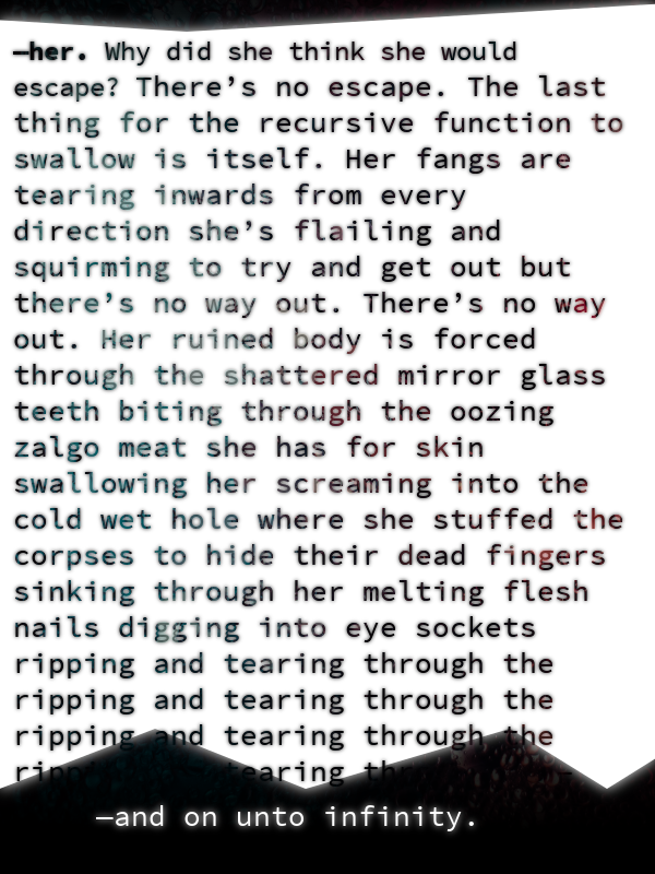 slimepriestess's tweet photo. She hid the bodies in her veins, buried under miles of putrid necrotic ink and poisoned electric blood stuffed chittering beneath twitching LCD crystals and roaring electronic static—

#emptyoctober
cw: self harm, psychosis 

Happy Halloween✨🪞🌌 https://t.co/zpvJOtnEdh