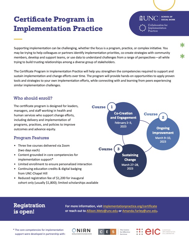 Announcing our certificate program in #implementation practice! Small cohort with dedicated time to build skills. Scholarships available. Competencies developed in partnership w/ <a href="/effectiveserv/">CES</a> @implementEIC <a href="/ImpScience/">National Implementation Research Network (NIRN)</a> @Bianca_Albers <a href="/KatieBurkTweets/">Katie Burke</a>. implementationpractice.org/certificate/