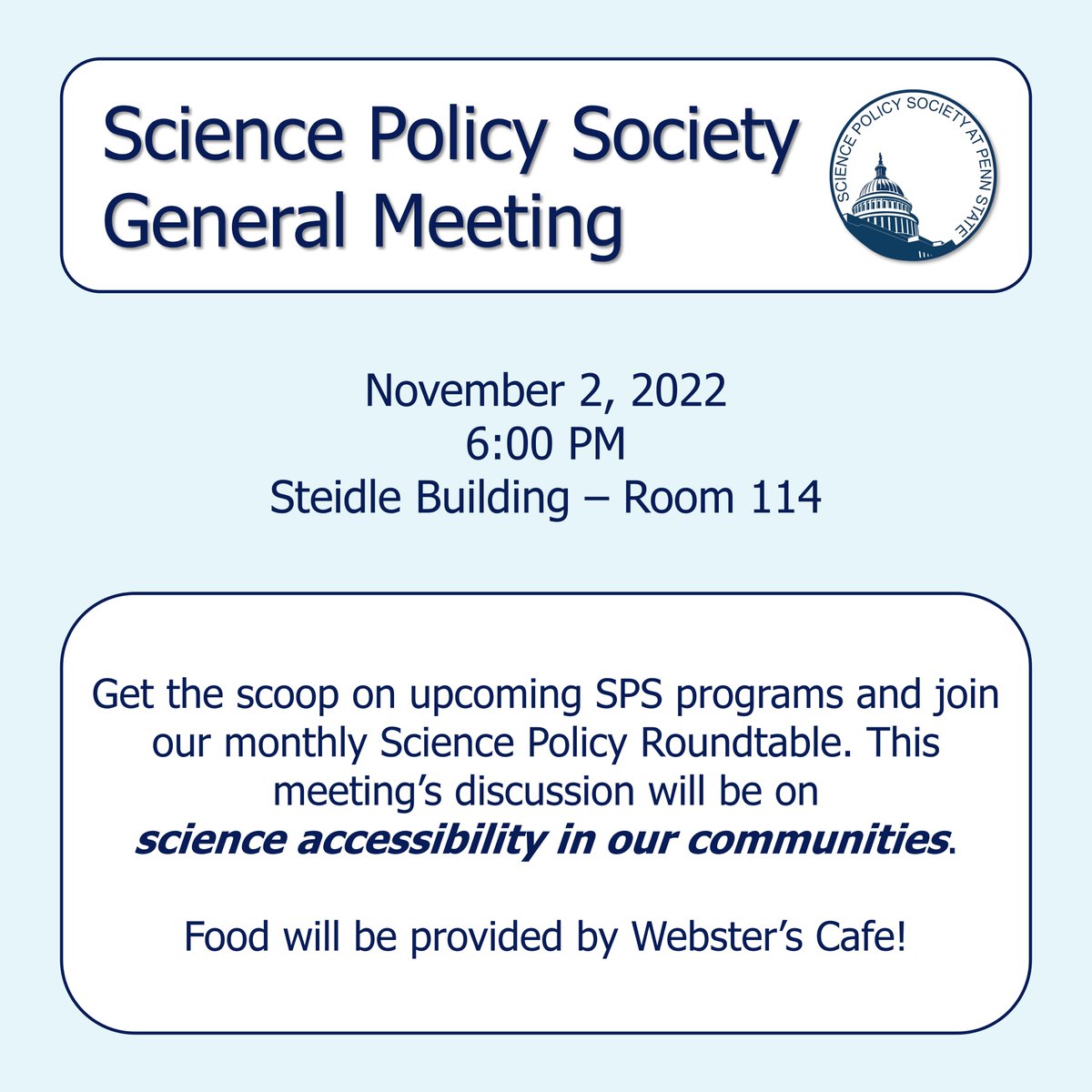 PSUSciPolicy's tweet photo. Our next general meeting will be November 2nd @ 6:00 pm in Steidle 114. See you there! https://t.co/xrXbrJKxJK