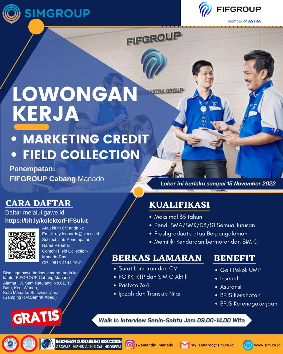 sim_manado's tweet photo. Lowongan kerja!!!
Posisi : 
1. Marketing Credit Executive
2. Field Collection
Penempatan FIFGROUP Cabang Manado

#swamandiri #swakaryainsanmandiri #swamandiri_manado #simgroup #gaweid #infoloker #infolokermanado #infolokersulut #lokermanado #lokersulut #lokersimgroup https://t.co/hjYSXnze0I