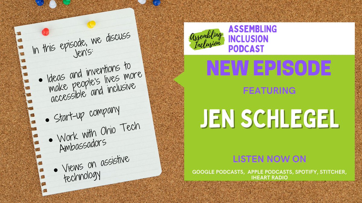 In episode 18, we interview Jen Schlegel! Jen shares her awesome ideas for #accessibility inventions (including her work with her start-up company), her work with the Ohio Tech Ambassadors, and her experiences with assistive technology. Check it out! anchor.fm/assemblingincl…