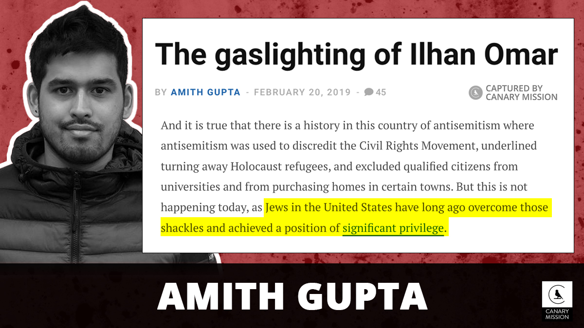 ATL based lawyer Amith Gupta has been obsessed w/demonizing Jews/Israel since college Here he is dismissing US antisemitism“Jews in the United States have long ago overcome those shackles [of anti-Semitism] and achieved a position of significant privilege' canarymission.org/individual/Ami…