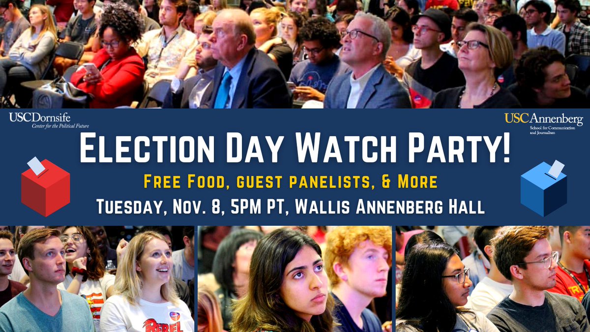 USCPolFuture's tweet photo. Join us in-person on Tu. 11/8 at 5PM for an Election Day Watch Party at the Wallis Annenberg Hall Lobby as we watch the 2022 Midterm Election results together in real time.
RSVP required: https://t.co/Yew3dxDR1i
@cbellantoni @BobShrum @AnnenbergMedia @USC #ElectionDay #election https://t.co/lXn1kpOjbD
