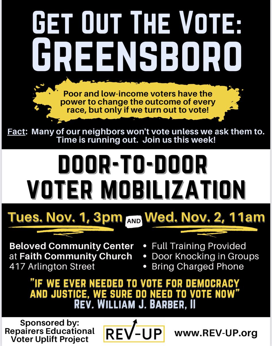 GSObeloved's tweet photo. #GOTV GREENSBORO! Door 2 Door Voter Mobilization Training coming up on Tuesday, Nov. 1 &amp; Wednesday, Nov. 2! @BRepairers @RevDrBarber https://t.co/k47Ntvt8H8