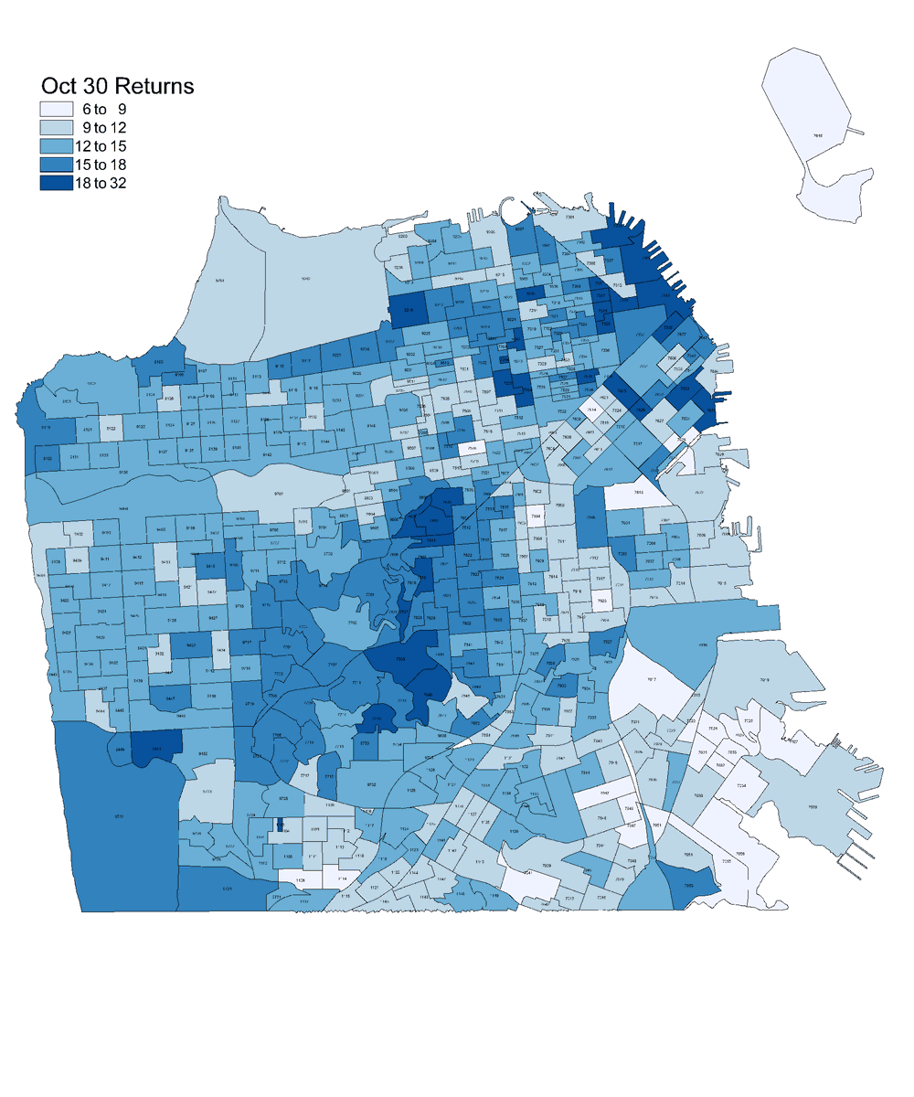 StearnsSF's tweet photo. Here is a quick visualization of where the early votes are coming from in San Francisco. No real surprises but there is less turnout than I'd expect from District 4, perhaps meaning people are still undecided, and a very divergent turnout story in D6. https://t.co/KpzehvPFr1