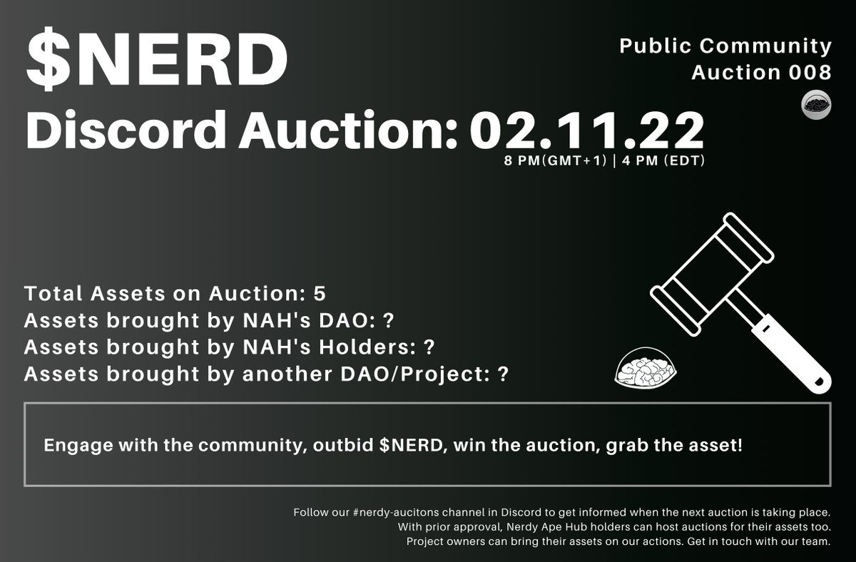 🛸 $NERD Discord Auction: 
02.11.22 | 8PM (GMT +1) 🛸

Get your $NERD ready.

⚓️-- asset/s brought by our DAO
⚓️-- asset/s brought by our Holders
⚓️-- asset/s brought by another DAO/Project

More info &amp; updates: discord.gg/3sqrapuG5q

#NerdyApeHub #R2E #NerdyCoin🪙
<a href="/ApeNerdy/">Nerdy Ape Hub {🧠}</a> 🧠