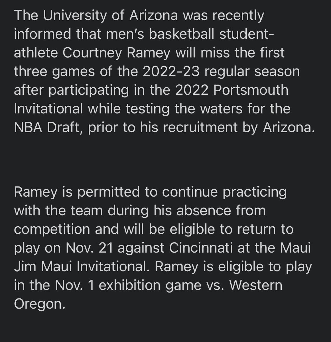 Arizona’s official statement on Courtney Ramey and his 3-game suspension.