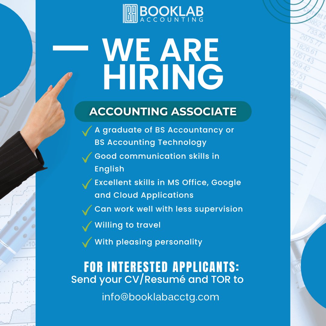 BookLabAcctg's tweet image. We are excited to announce that we are currently seeking a qualified accounting associate to join our team.

If you are qualified and interested in joining our dynamic organization, we encourage you to apply today! We look forward to reviewing your application.

#accounting
