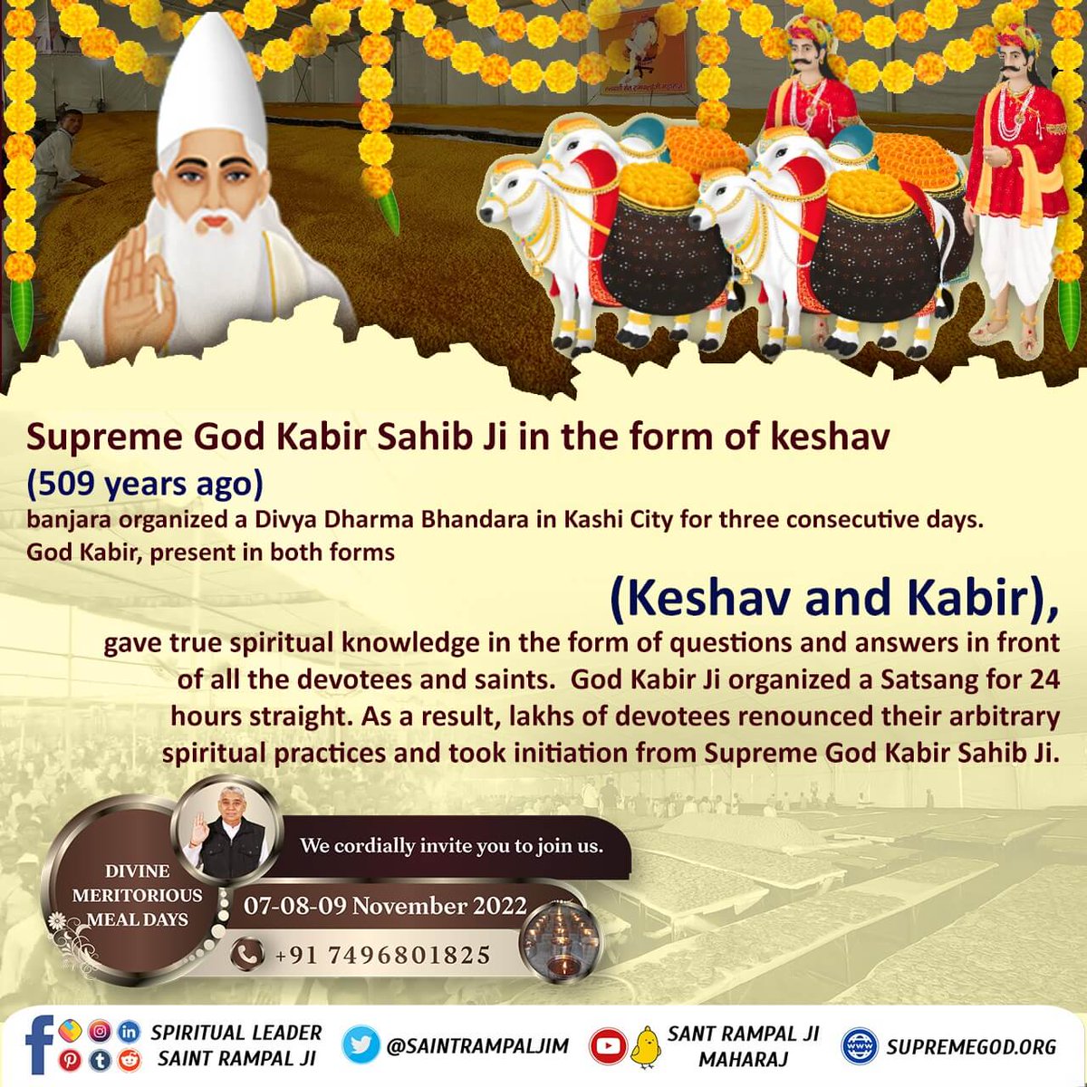 vishal_real_V1's tweet photo. Que. Do You Know, What is the #दिव्य_धर्म_यज्ञ_दिवस ?
Ans. Supreme Lord had to perform many spectacles and miracles to prove Himself to us souls. By organizing a three-day continuous Bhandara in Kashi city 18 lakh sages and great sages were served Mohan food round the clock. https://t.co/kwUhvsVgXC