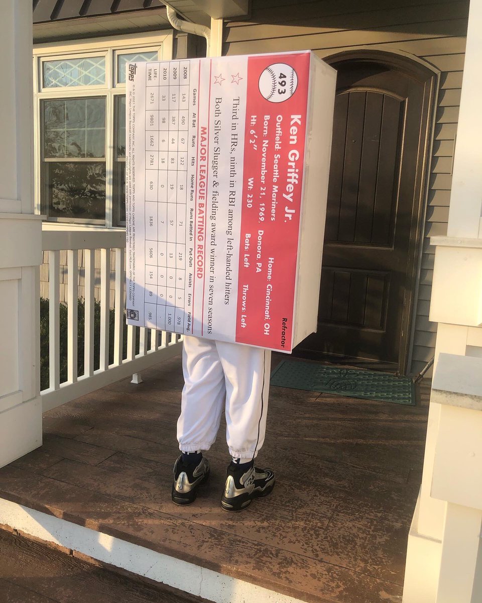 JonCrowArt's tweet photo. Little man asked me to help him build this costume this year!  We went to work about 3 weeks ago, found a jersey we could buy in his size, matched it to a card we could replicate!  A bunch of foamboard and packing tape later… @Topps @swingman24_ https://t.co/EdzkRplwux