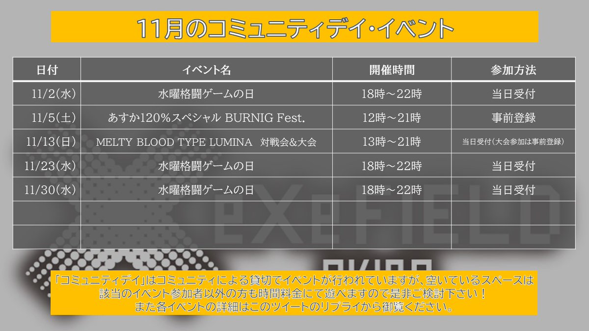 exefield_akiba's tweet photo. <お知らせ>
11月のスケジュールを更新しました。
「コミュニティデイ」はコミュニティによる貸切でイベントが行われていますが、空いているスペースは該当のイベント参加者以外の方も時間料金にて遊べますので是非ご検討下さい!
#eXeField #akiba #エグゼいこうぜ https://t.co/57PYg6o5ZQ
