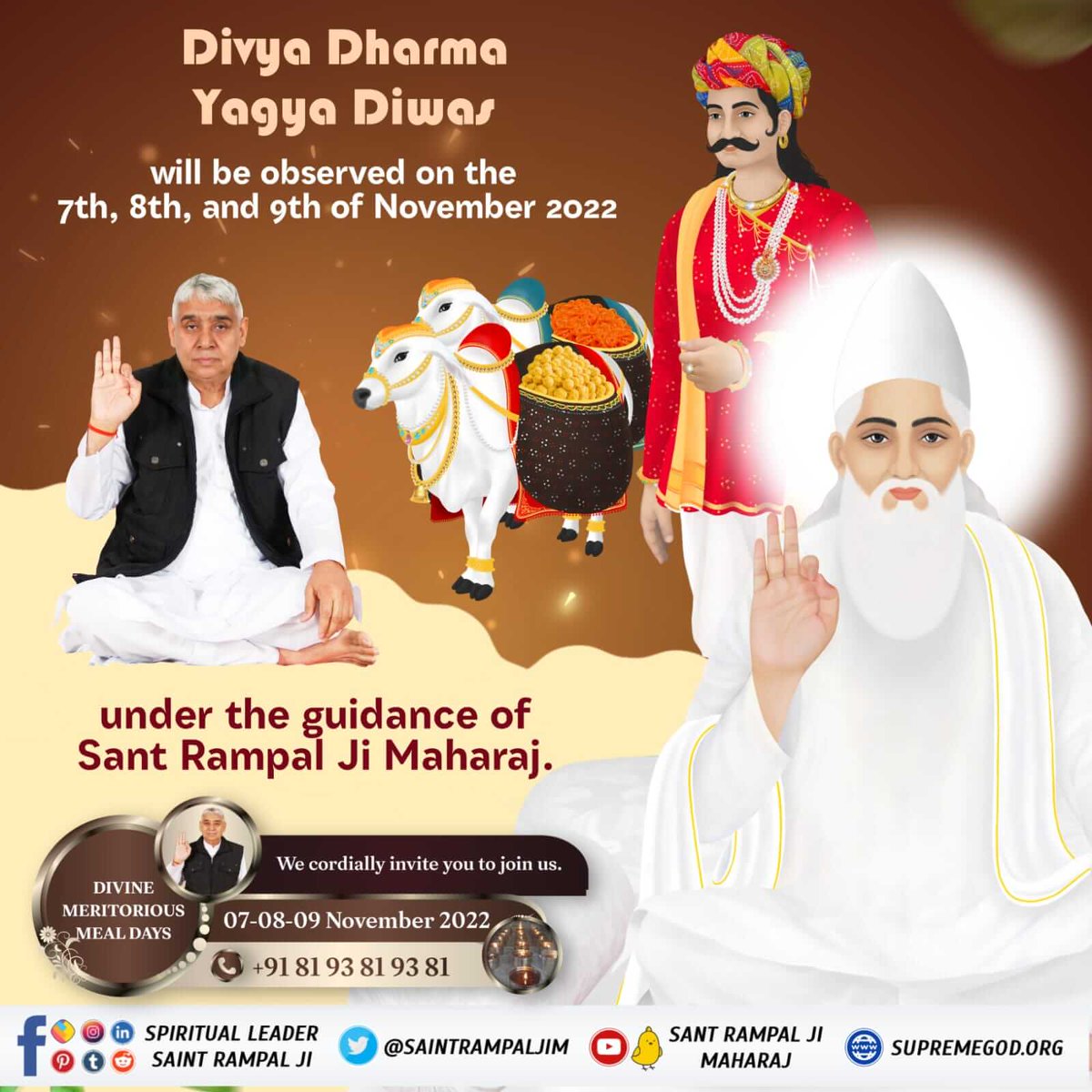 Special on'Divya Dharma Yagya Day' In 1513, Kabir Parmatma provided food for three days to 18 lakhpeople in Kashi. In which 9 lakh bulls and one lakh servicemen had come from Satlok. They had brought the entire contents of the Bhandara on 9 lakhs of oxen. #दिव्य_धर्म_यज्ञ_दिवस