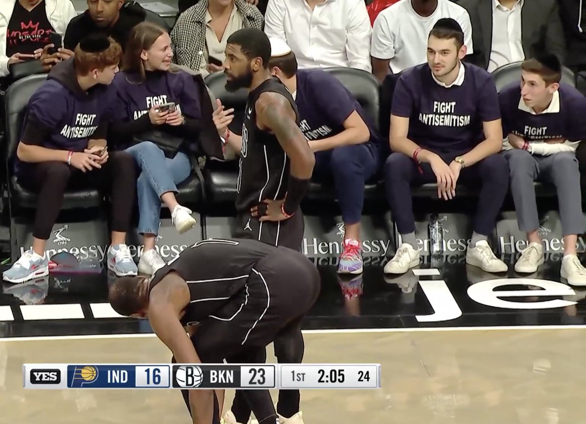BleacherReport's tweet photo. People were courtside at the Nets game wearing "Fight Antisemitism" shirts, this in the wake of Kyrie Irving's recent promotion of an antisemitic film on social media https://t.co/GRCtDDHXCu