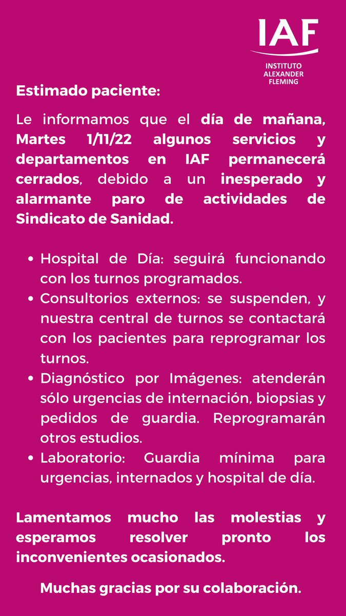 Lamentamos los inconvenientes ocasionados y sabemos que la salud de nuestros pacientes no puede esperar. Por eso estamos trabajando para resolver las inquietudes del sindicato y normalizar las agendas. Muchas gracias por su comprensión. 🙏