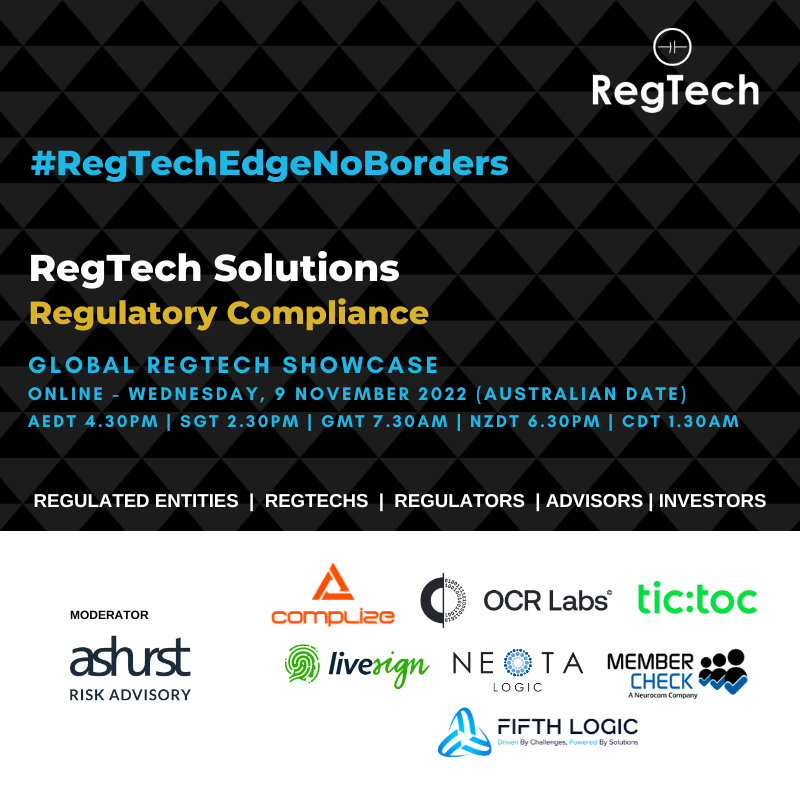 regtech_1's tweet photo. Register now for the last #RegTechEdge event of the year! The event will be focused on #RegTech solutions which address Regulatory Compliance
Speakers:
- Ashurst Risk
- Complize
- Fifth Logic
- livesign
- MemberCheck
- Neota Logic
- OCR Labs
- Tic:Toc
https://t.co/iOiWXVYVSR https://t.co/KfvC8fropo