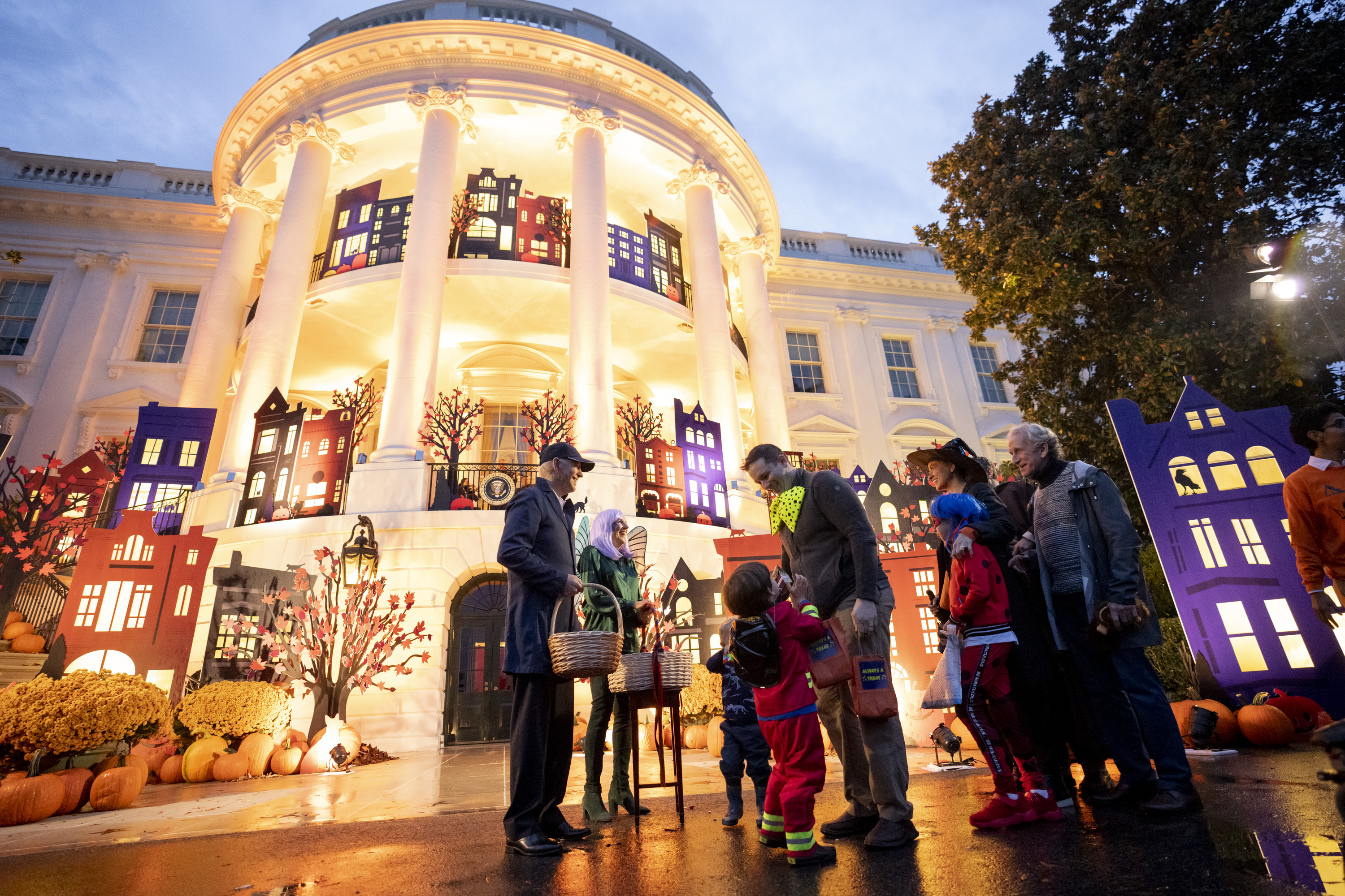 President Biden and the First Lady welcome trick-or-treaters at the White House.