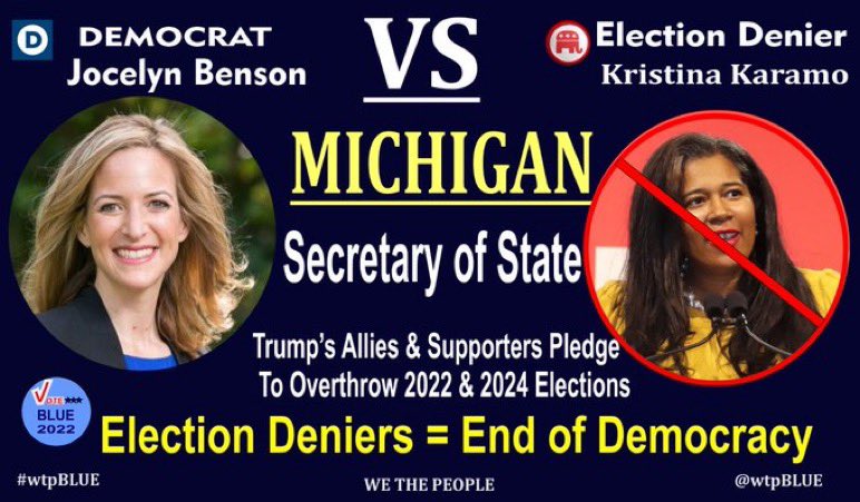 #VoteBlue 4 Jocelyn Benson MI Secretary of State
 
Dem Benson's top priority is ensuring free, fair, transparent, &amp; secure elections
 
GOP Karamo is a Big Lie &amp; QAnon proponent, blames Jan. 6 on Antifa, calls Capitol police “actors” &amp; Dems “satanic”
 
#wtpBLUE wtp1624