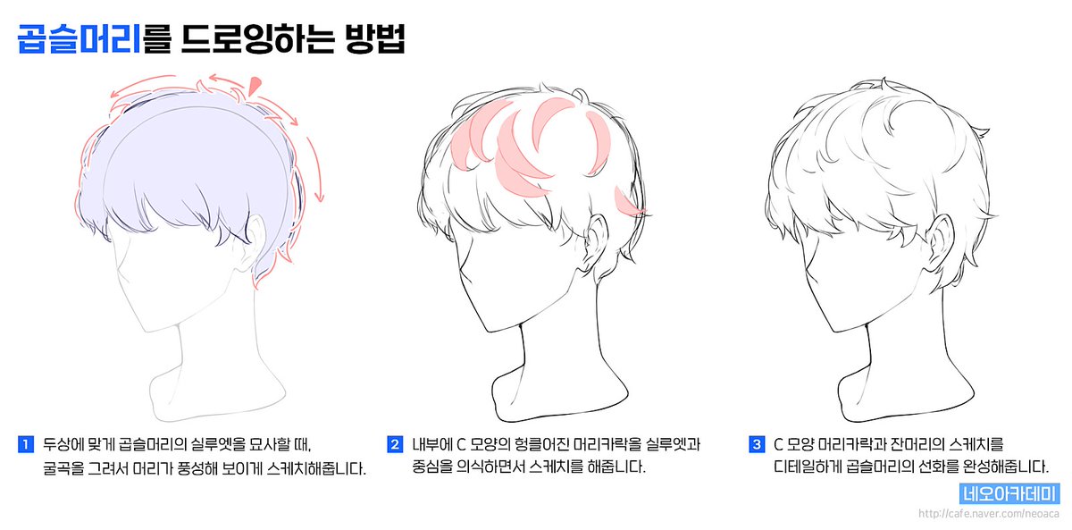 neo_aca's tweet photo. 곱슬 머리 드로잉 팁입니다. 두상에 맞게 머리의 실루엣을 묘사할 때, 굴곡을 그려서 머리가 풍성해 보이게 그려줍니다. https://t.co/5c03VVlSfY
