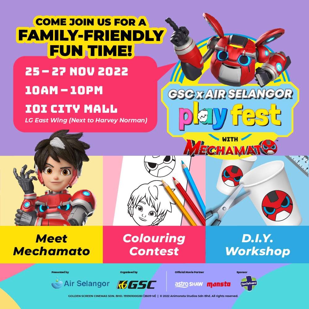 GSCinemas's tweet photo. Announcing GSC x Air Selangor Play Fest, happening in conjunction with the Hydro Run! We'll be bringing more family fun time activities to the Play Fest! 🧸🤩 

Date: 25 - 27 Nov 2022
Venue: GSC IOI City Mall, LG East Wing

See you guys there 😉 https://t.co/duW1qqwI0A