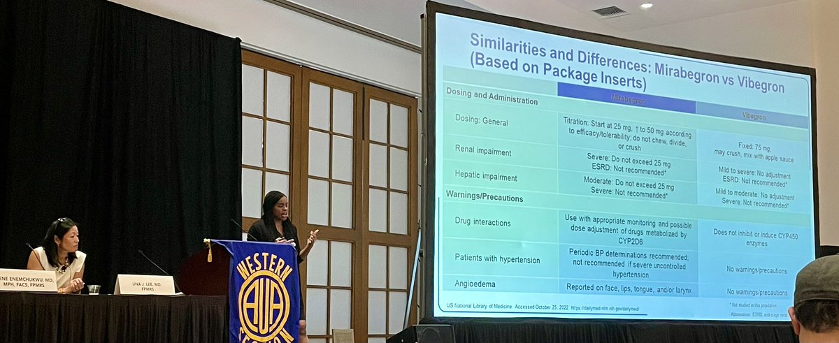 Shreeya Popat, MD (@spopatmd) on Twitter photo Lunchtime session by my mentor <a href="/Dr_UnaLee/">Una Lee</a> and <a href="/DrEnemchukwu/">Ekene Enemchukwu, MD, MPH, FACS</a>: data on cognitive decline w/ anticholinergics keeps growing. Hope beta-3 agonists, #botox, SNM become more cost-accessible for patients
Check out this table comparing mirabegron and vibegron!
<a href="/auawest/">Western Section AUA</a> #WSAUA22 Lunchtime session by my mentor <a href="/Dr_UnaLee/">Una Lee</a> and <a href="/DrEnemchukwu/">Ekene Enemchukwu, MD, MPH, FACS</a>: data on cognitive decline w/ anticholinergics keeps growing. Hope beta-3 agonists, #botox, SNM become more cost-accessible for patients
Check out this table comparing mirabegron and vibegron!
<a href="/auawest/">Western Section AUA</a> #WSAUA22