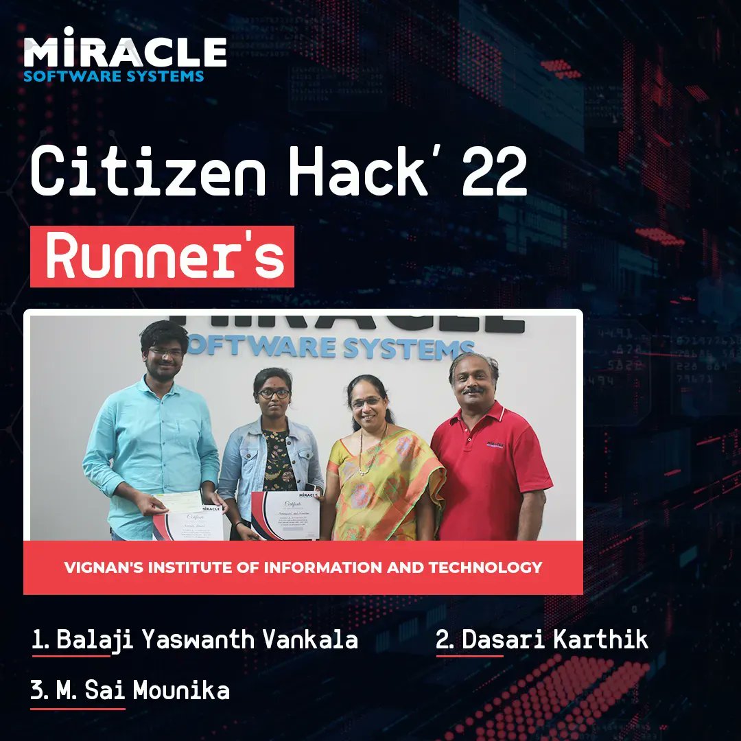 miraclesoft's tweet photo. We congratulate the team Smart Siren App for securing the Runner-Up position in Citizen Hackathon.
We appreciate their outstanding accomplishments and wish them loads of success in future endeavors!
#hackathon #hackathonwinners #citizenhackathon #IoT #cloud #hack2022 #competition https://t.co/hDeGPrQPrj