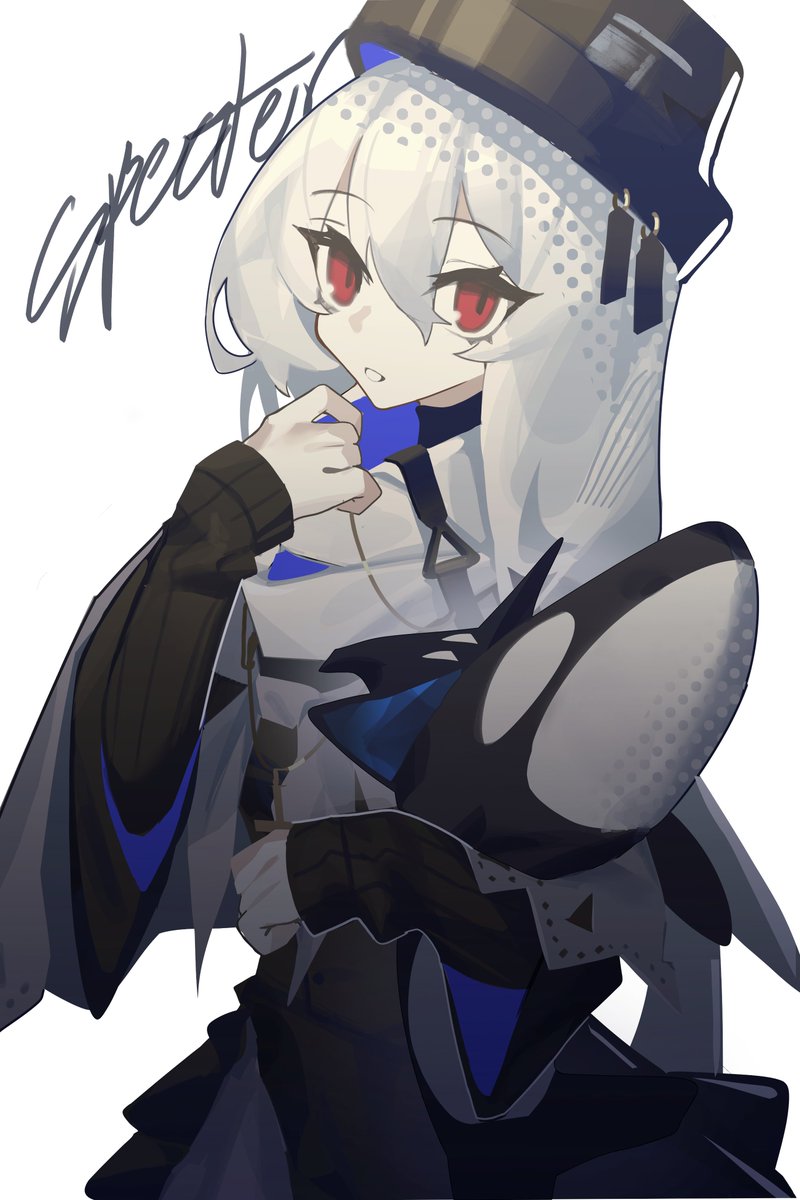 specter (arknights) 1girl red eyes solo black headwear white background long hair official alternate costume  illustration images